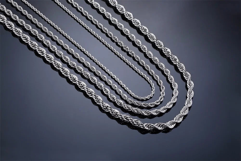 Casual Punk Rope Long Chain Necklace for Men Women,Silver Gold Color Stainless Steel Twisted Chain Collars,Hiphop Jewelry Gift