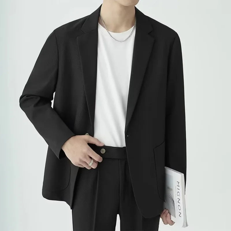 KIDWHXR Men 2-piece Outfit Loose Single-breasted Blazer Male Straight-leg Pant Man Korean Simple Solid Business Casual Suit Set