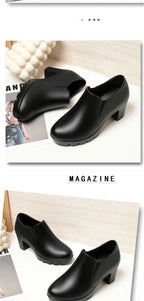 Round Toe Deep Mouth Single Shoes High Heels Thick Heels Versatile Spring Autumn Thick Sole Waterproof Platform Leather Shoes