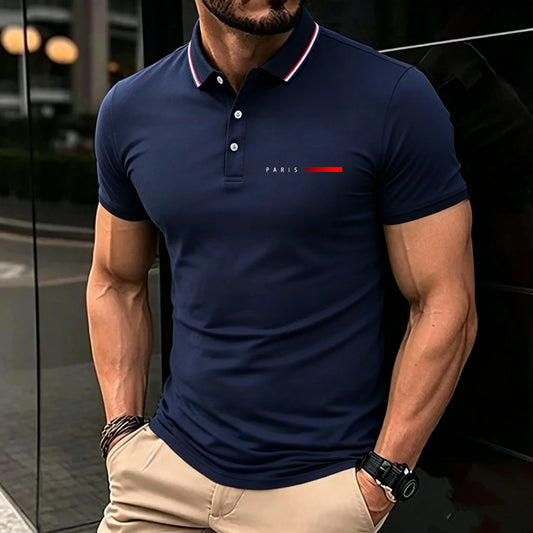 Men Fashion Breathable Minimal Print Polo Shirts Color Striped Collar Short Sleeve Tops Trendy Versatile Daily Office Casual Tee