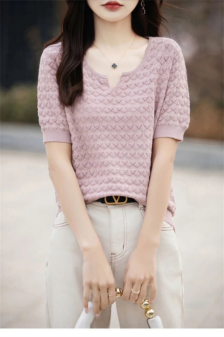 Women's T-shirt Summer New 100% Pure Cotton Tees Casual Solid Knitted Short sleeved V-neck Pullover Loose Tops Fashion Sweater