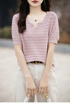Women's T-shirt Summer New 100% Pure Cotton Tees Casual Solid Knitted Short sleeved V-neck Pullover Loose Tops Fashion Sweater
