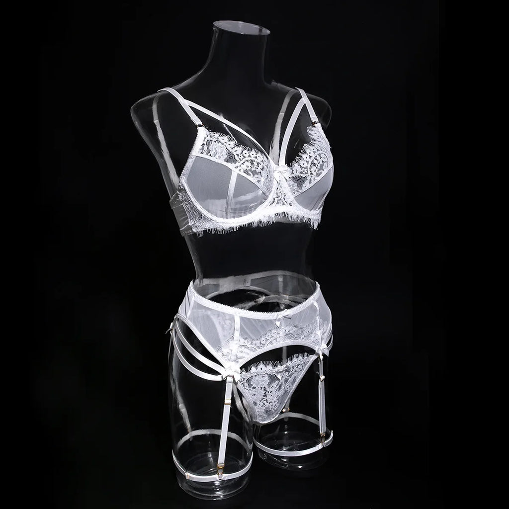 Tornova 4 Piece Sexy Lingerie Set for Women Mesh and Lace Sexy Perspective Push-up Solid Color Lace Hollow Out Underwear Set New