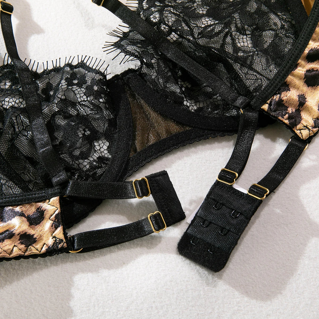 Krasapt Sexy Leopard Printing Lace Patchwork Women Lingerie 3Pcs Sets Romantic Mesh Perspective Intimates Underwear Erotic Set