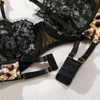 Krasapt Sexy Leopard Printing Lace Patchwork Women Lingerie 3Pcs Sets Romantic Mesh Perspective Intimates Underwear Erotic Set