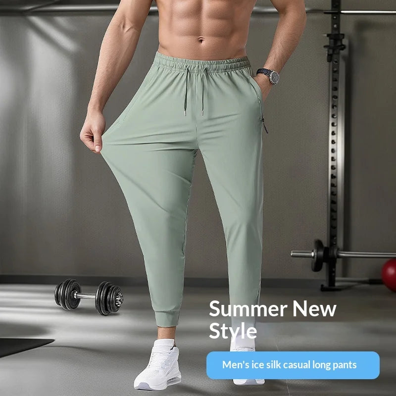 Men's Ice Silk Quick-Dry Pants Summer Lightweight Breathable Joggers with Zipper Pockets Elastic Waist Casual Sports Trousers Fo