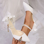 Pointed Toe Pearl Ankle Strap High Heels Pumps Women White Satin Bowknot Banquet Party Shoes Woman Elegant Stiletto Heeled Pumps