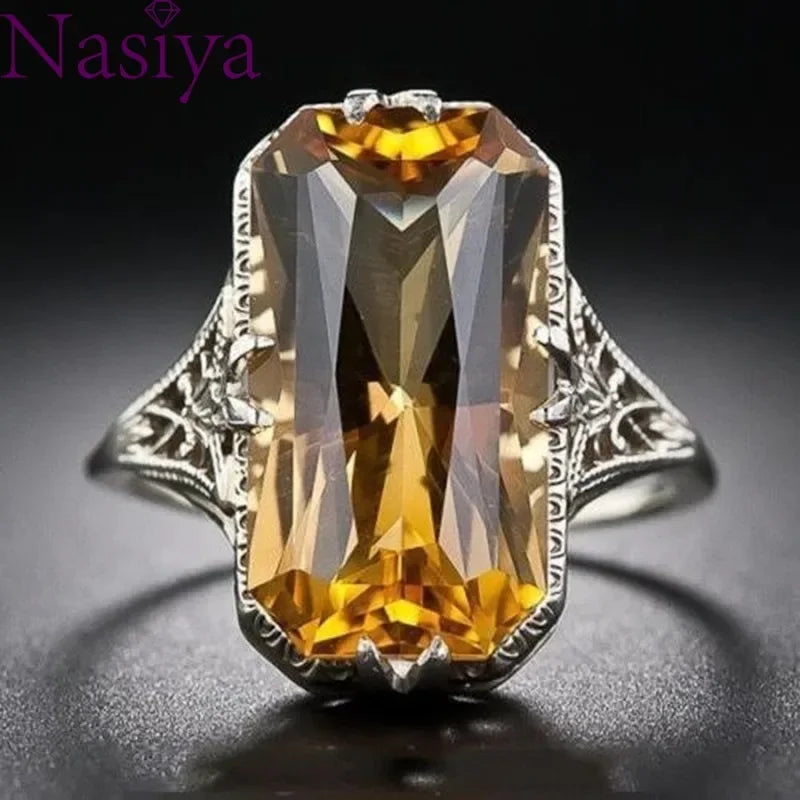 Citrine hollowed-out Carved S925 Silver Rings Exaggerated Silver Hand Jewelry For Women Gemstone  Wedding Party Ring Wholesale
