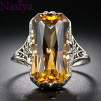 Citrine hollowed-out Carved S925 Silver Rings Exaggerated Silver Hand Jewelry For Women Gemstone  Wedding Party Ring Wholesale