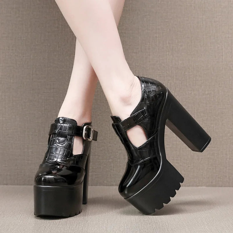 14cm Small Size 32-43 Elegant Patent Leather Mary Janes Chunky Platform Pumps 2025 Spring Block High Heels Shoes for Model Dress