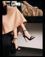 2026 new black patent leather rhinestone open toe sandals with slim heels and a straight ribbon for parties,high heels for women