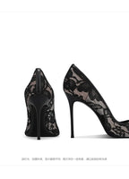 Black lace high heels for women, 2026 new slim heel pointed sexy versatile French spring and summer breathable single shoes