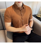 Men's White Business Casual Shirt, Fitted Striped Elastic Short-sleeved Shirt, Exquisite Embroidered Summer Formal Work Uniform.