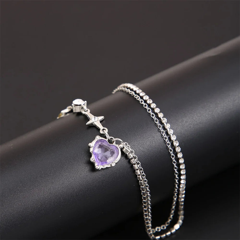 SUMENG 2024 Purple Pink Black Crystal Heart Pendant Necklace Sweet Cool Girl Punk Clavicle Chain For Women Fashion Jewelry Gifts