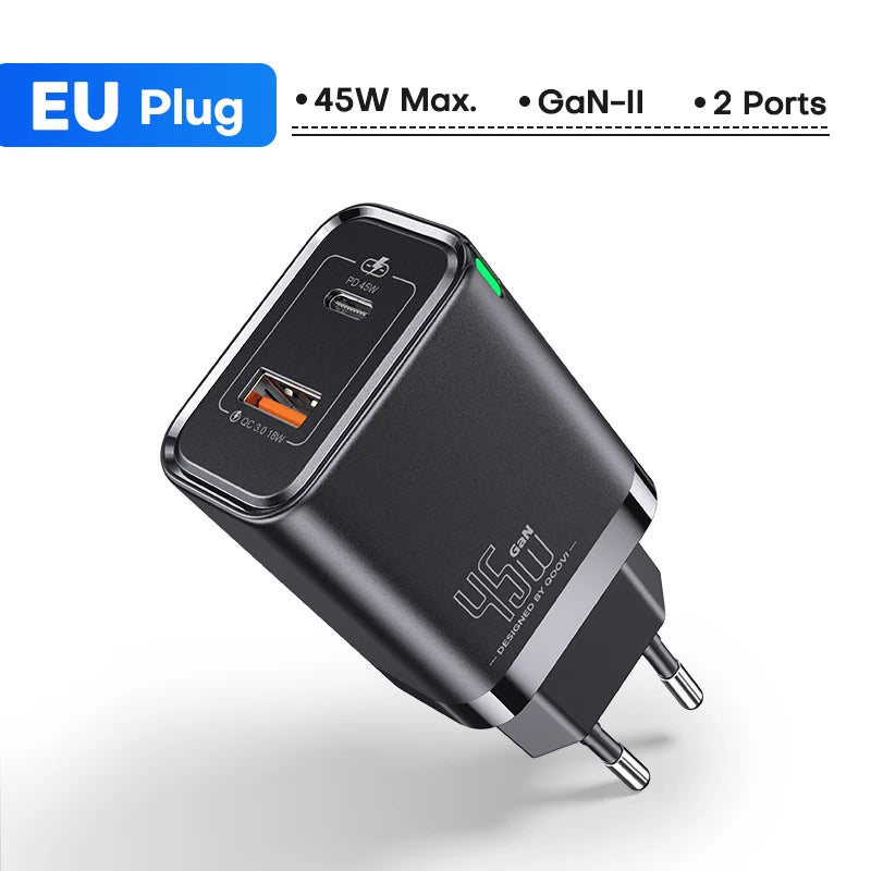 QOOVI GaN 45W USB Charger Fast Charging USB Type C Wall Charger PD QC3.0 Quick Charge For iPhone Samsung S23 S21 Laptop Tablet