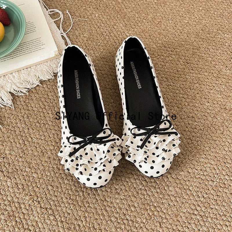 Polka Dot Mary Jane Shoes Women Sweet Ruffle Internal Elevation Shoes Ladies Soft Sole Slip On Daily Comfort Dress Footwear