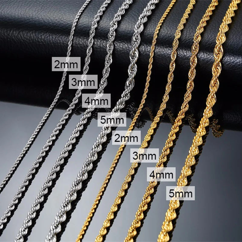Casual Punk Rope Long Chain Necklace for Men Women,Silver Gold Color Stainless Steel Twisted Chain Collars,Hiphop Jewelry Gift