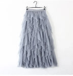 Womens Elastic High Waist Tulle Mesh Irregular Tutu Skirt Gauze Skirt Spring and Summer New Pleated A-Line Skirt in the Long Hi