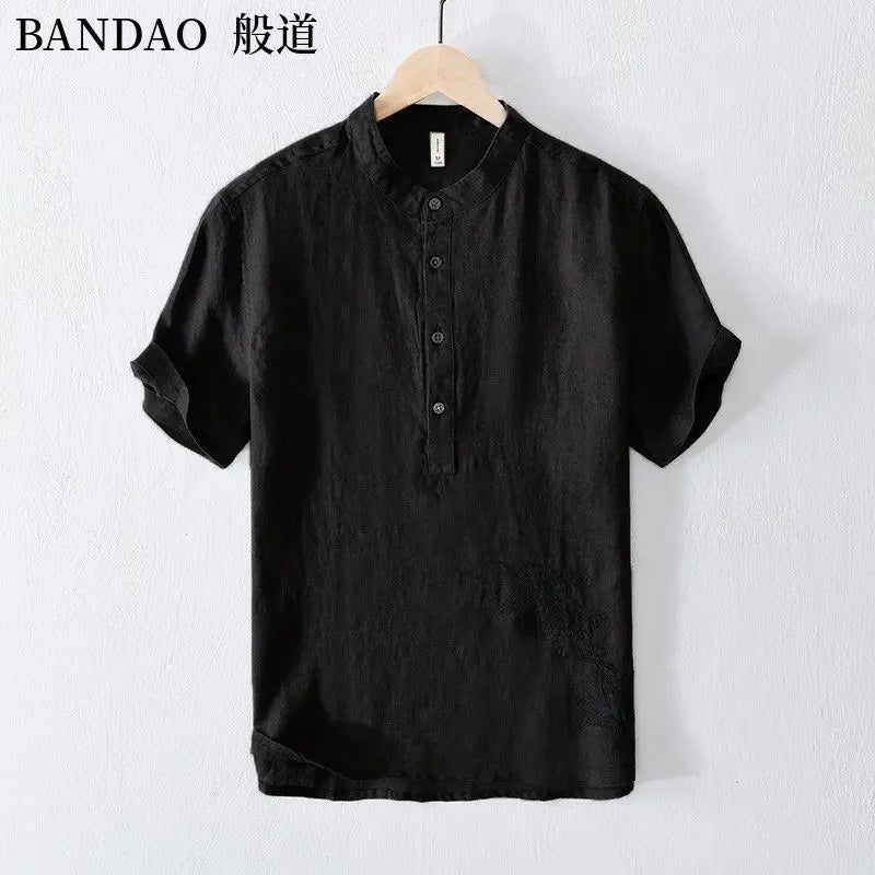 Chinese Style Spring and Summer Loose High-end Men's Linen Short-sleeved Cotton Linen Casual Breathable Shirt Collar T-shirt