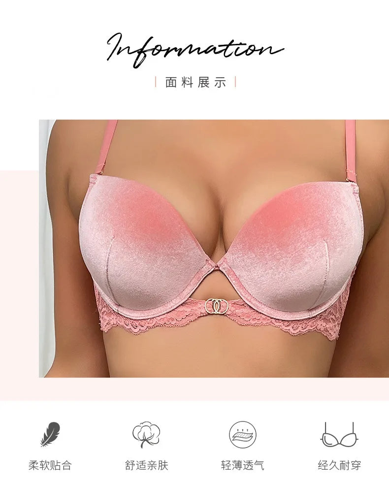 Autumn and Winter Velvet Bra Set Women's French Lace Patchwork Underwear Sexy Soft Steel Ring Ultrathin Lingerie Suit