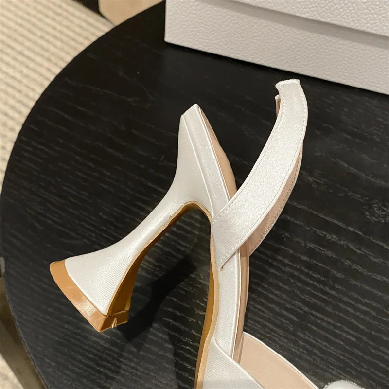 Liyke Spring Summer Fashion Rhinestone Bowknot Women Pumps Sexy Silk Pointed Toe Strange High Heels Party Prom Shoes Gold Silver