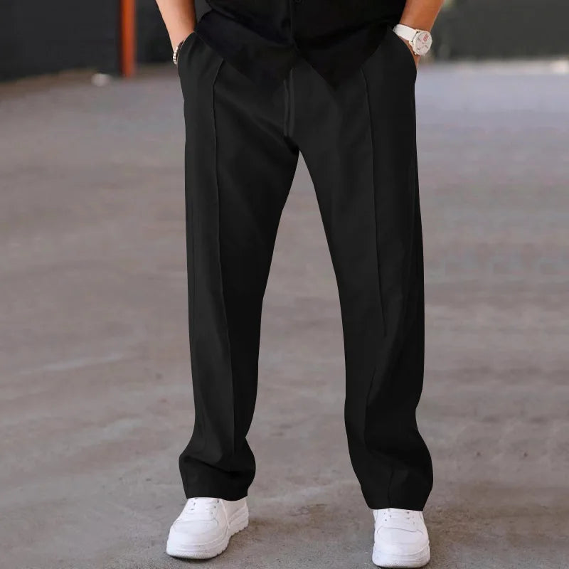 Men Casual LooseStraight Leg Dress Pants Elastic Drawstring Waist Front Seam Plain Wide Leg Trousers Daily Street Vacation Relax