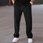 Men Casual LooseStraight Leg Dress Pants Elastic Drawstring Waist Front Seam Plain Wide Leg Trousers Daily Street Vacation Relax