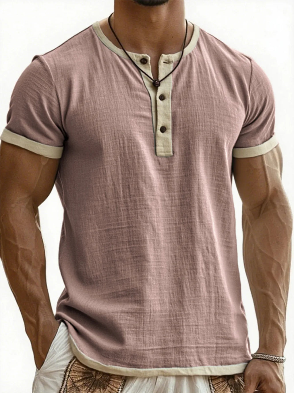 Summer New Men's Cotton Linen Shirt Casual Contrast Trim Short Sleeve Top Breathable Comfort Slim Fit Sports Casual Shirt