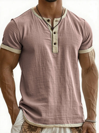 Summer New Men's Cotton Linen Shirt Casual Contrast Trim Short Sleeve Top Breathable Comfort Slim Fit Sports Casual Shirt
