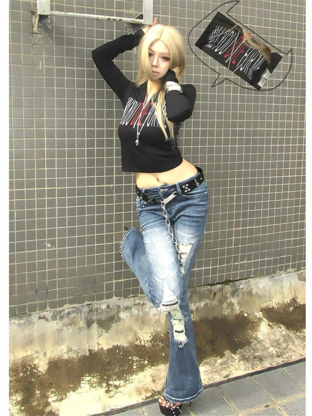 Women's Flare Jeans Low Rise Stretch Ripped Denim Pants Japanese Harajuku Skinny Abi Y2k American Retro Punk Grunge Bootcut Jean