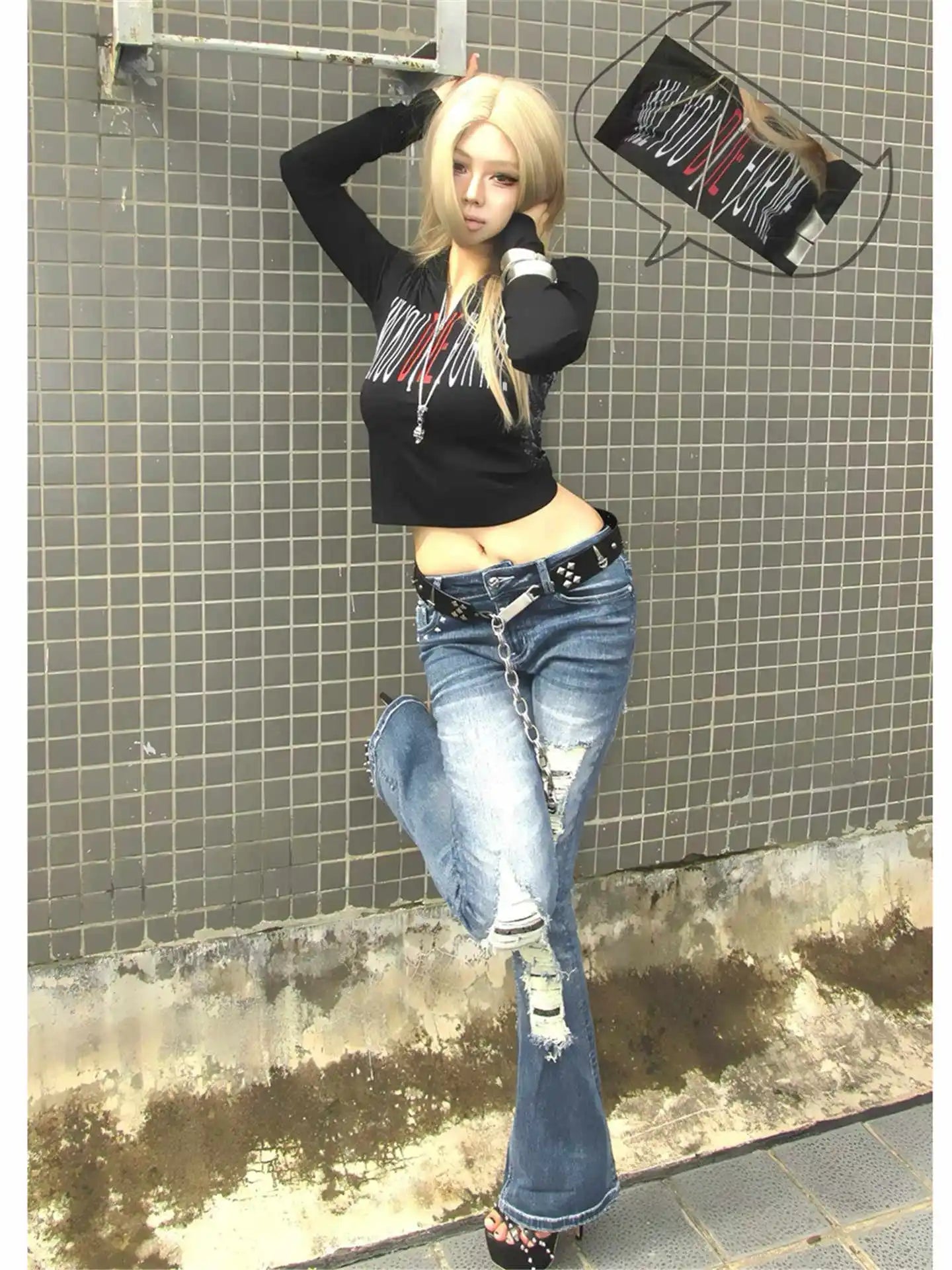 Women's Flare Jeans Low Rise Stretch Ripped Denim Pants Japanese Harajuku Skinny Abi Y2k American Retro Punk Grunge Bootcut Jean