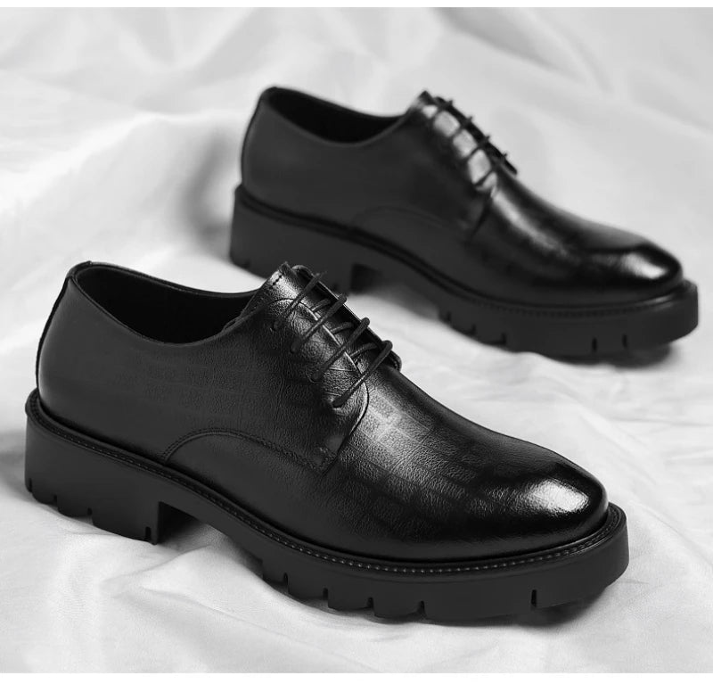 Men's Thick-Soled Low-Cut Business Formal Leather Shoes With Lace-Up Height Increase Groom's Wedding Shoes With Suit Shoes