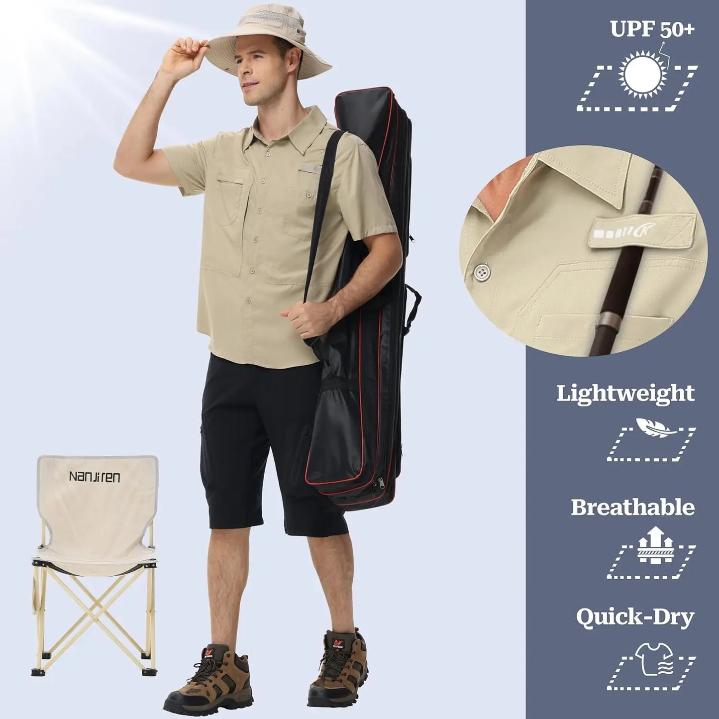 Summer Men's UPF 50+ Fishing Shirts, Lightweight Breathable Short Sleeve Cargo Shirt, Button Down Tactical Shirts Workout