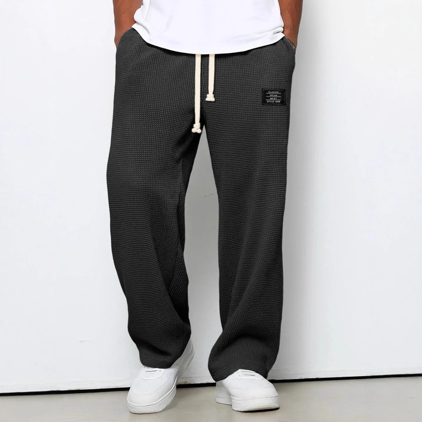 Men's spring-autumn trendy brand loose-fitting stretchy straight-leg sweatpants. Waffle fabric. Micro-bouncy sporty casual pants