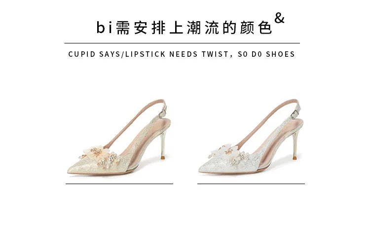 French Bride Gold Wedding Shoes spring women Thin Heel Pointed Shallow Mouth Flower Rhinodrill High Heels  Fashion Sandals