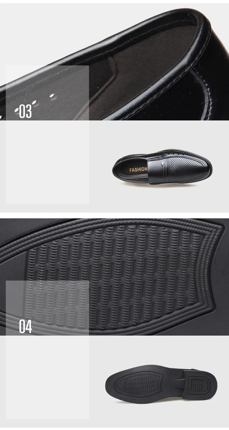 Men's Breathable Hollow Out Elevator Dress Leather Shoes Spring Summer 6cm Height Increase Business Slip-On Formal Office Shoes