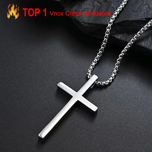 Vnox Cross Necklace for Men Women, Silver Color Plain Alloy Metal Cross Pendant Collar with Stainless Steel Box Chain