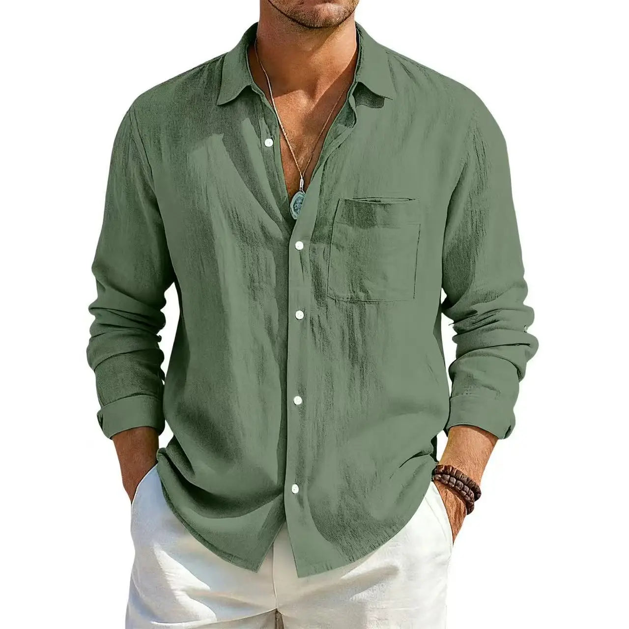 Men's Summer Long Sleeve Shirt Solid Color Loose Cotton Linen Shirt With Pockets Summer Breathable Fashion Casual Shirts for Men
