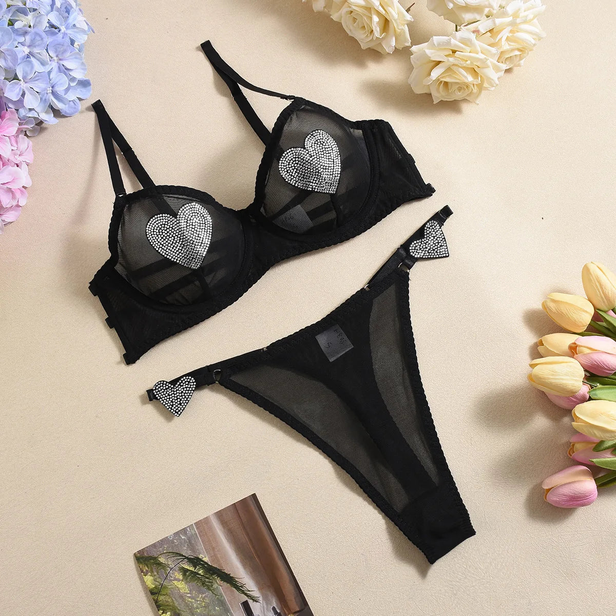 Ellolace Daring Women's Lingerie Sets Fancy Sexy Bra Belt Thong 3PC with Leg Circles Romantic Heart Rhinestone Women Underwear