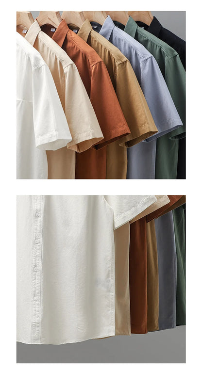 Dukeen Heavyweight Short-Sleeved Shirt Men's Summer Solid Color Lapel Pocket Casual Shirt Cotton White Shirts