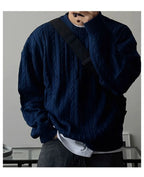 Men's Knitting Sweater 2026 Spring Autumn 0-neck Long Sleeve Knit Sweater Dark Blue Hemp Pattern Drop Shoulder Thicken Pullover