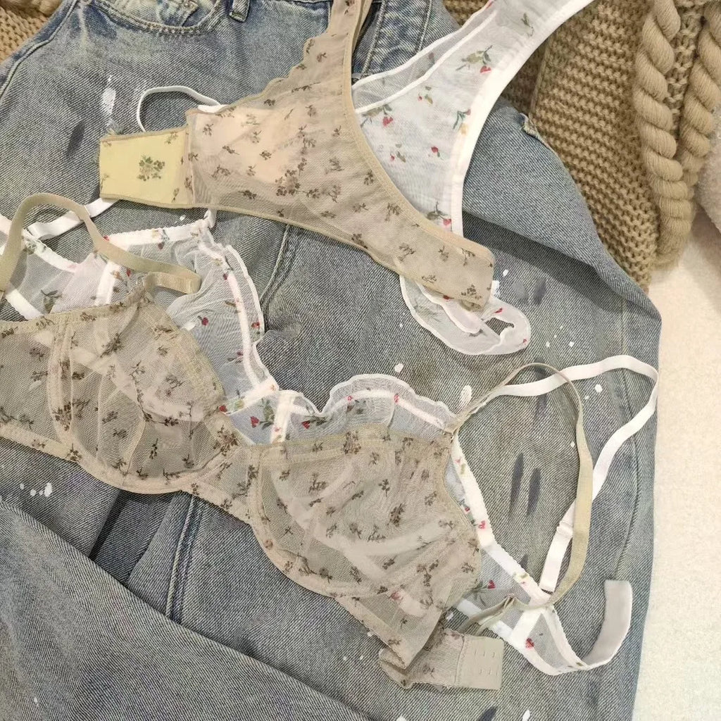 Fashion Floral Prints Women Lingerie Set Fashion Sexy Lace Bra French Ultra Thin Breathable Intimates Bralette Soft Underwear
