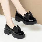 Spring Women British Style Shallow Patent Leather Black Loafers Thick Bottom Bow Platform Shoes 2024 Med Heels Single Pumps