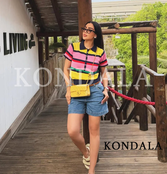 KONDALA Trendy Contrasting Colors Striped Tops Women Casual High Street Polo Shirts 2026 Summer Fashion Holiday Chic Knitted Top