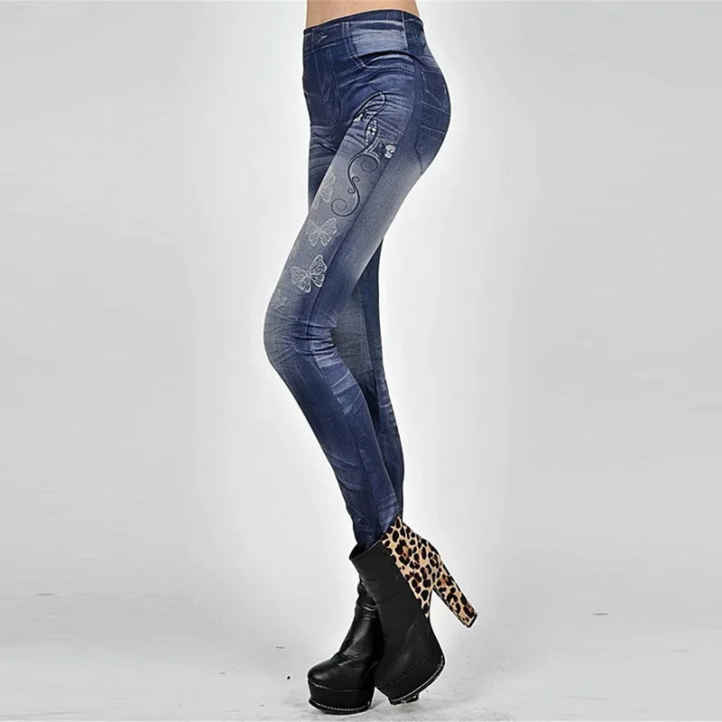 High Waist Faux Denim Jean Leggings Slim Elastic Seamless Skinny Pencil Pant Summer Female Workout Fashion Denim Jeans Leggings