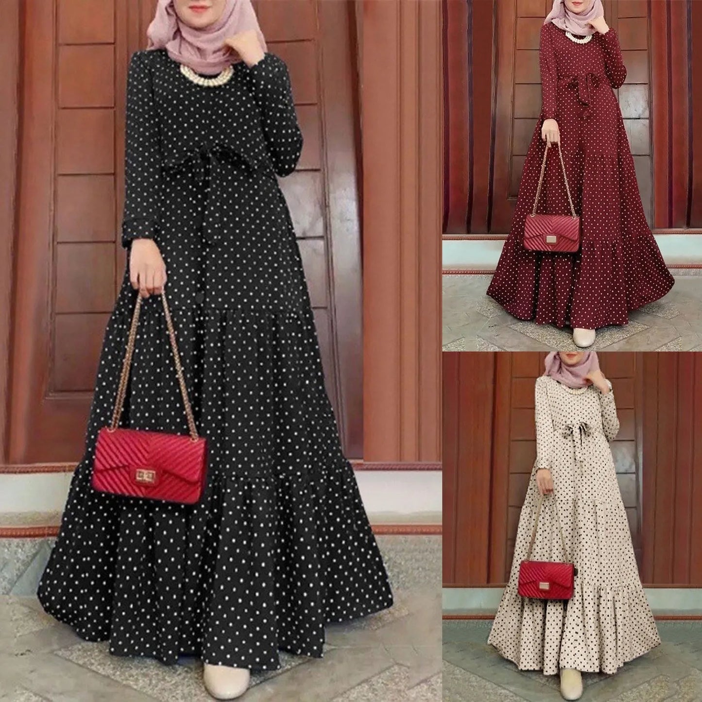 Polka Dot Muslim Dress Ruffle Belted Waist Women'S Dresses Long Sleeve Button Down Abaya Casual Vestidos Kaftan Dubai Long Robe