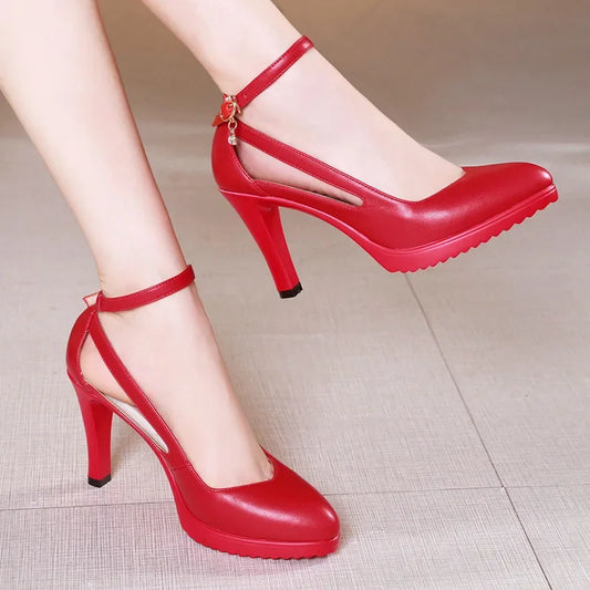 8cm 11cm Size 32-43 Ankle Buckle Red White Wedding Shoes Bride Platform Pumps 2026 Fall Shallow High Heels Shoes Model Party