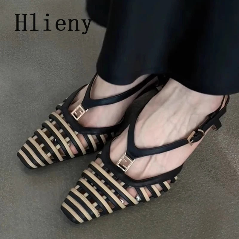 Hlieny Fashion Hollow Out Metal Buckle Woman's Pumps Summer Square Toe Slingback Shoes Low Thin Heels Mules Sandals Women Brown
