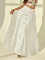 Summer Women White Tiered Maxi Skirt, High Waisted Elastic Waist Pleated Flowy Long Skirt