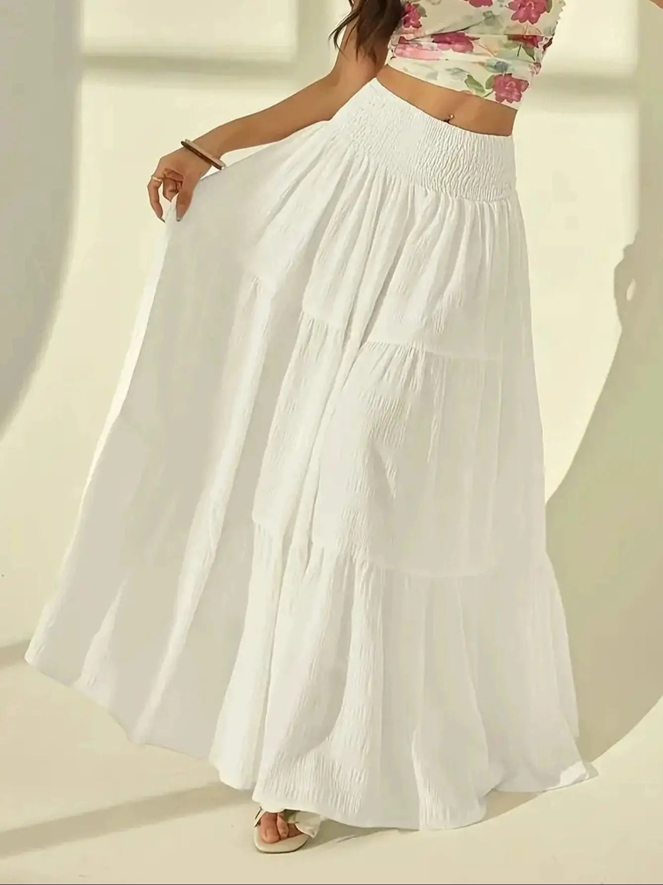 Summer Women White Tiered Maxi Skirt, High Waisted Elastic Waist Pleated Flowy Long Skirt